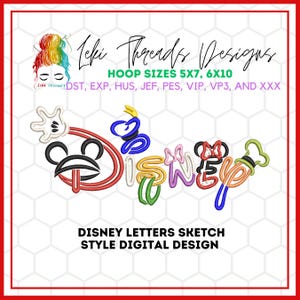 May include: Colorful embroidery design of the Disney logo with Mickey Mouse, Minnie Mouse, and Donald Duck characters. The design is available in 5x7 and 6x10 hoop sizes. DST, EXP, HUS, JEF, PES, VIP, VP3, and XXX file formats are included.