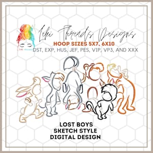 May include: A digital embroidery design of the Lost Boys from the film Peter Pan. The design is in a sketch style and features the characters of Peter Pan, John, Michael, and the lost boys. The design is available in 5x7 and 6x10 hoop sizes. The design is available in the following formats: DST, EXP, HUS, JEF, PES, VIP, VP3, and XXX.