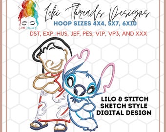 Può includere: Design digitale ricamato di Lilo e Stitch in stile schizzo. Il design presenta Lilo con le braccia incrociate e Stitch con le braccia incrociate. Il design è disponibile in più dimensioni di cerchio.
