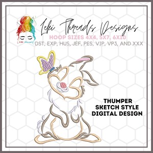 May include: A digital embroidery design of Thumper the rabbit from Bambi in a sketch style. The design features Thumper with a butterfly on his nose. The design is available in multiple hoop sizes: 4x4, 5x7, and 6x10. The design is available in the following formats: DST, EXP, HUS, JEF, PES, VIP, VP3, and XXX.