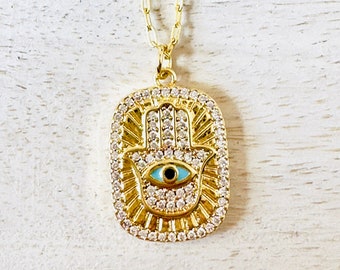 Turquoise Enamel Double Sided Hamsa Necklace/Protection Necklace/Good Fortune Necklace/18k Gold Plated Necklace/Everyday Wear