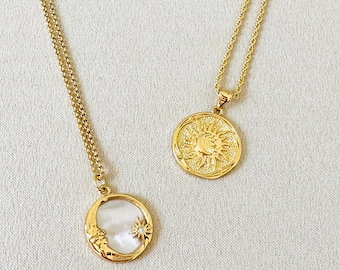 Moon and Star Shell necklace/Sun and Moon Necklace/Gift for her/Moon Jewelry/Sun Jewelry/ Gold Jewelry/Boho Jewelry/Celestial Necklace