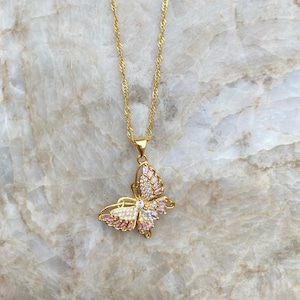 18K Gold Plated Pink Crystal Butterfly Necklace
