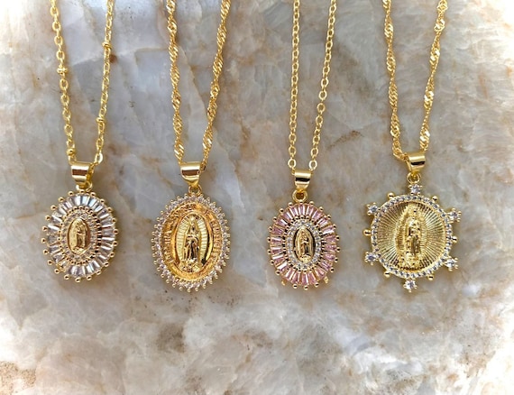 Pink Crystal Virgin Mary Necklace/Crystal Virgin Mary Necklace/Virgen de Guadalupe Necklace/Our Lady of Guadalupe Necklace