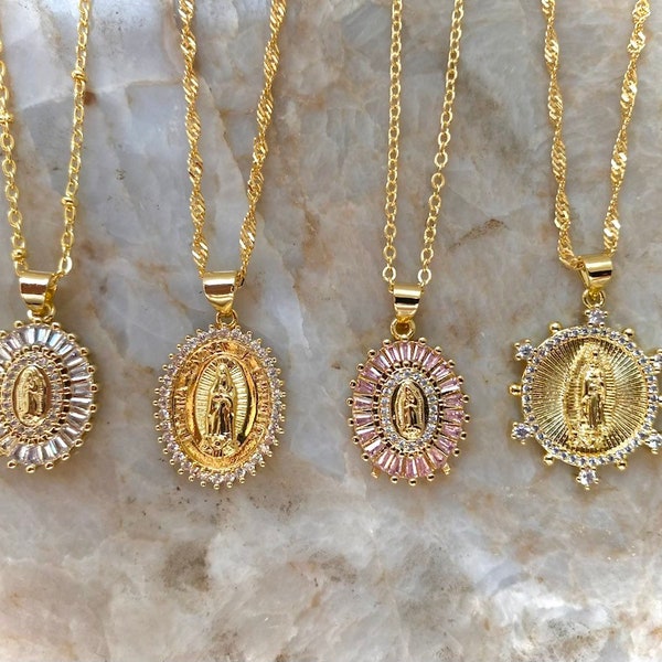 Pink Crystal Virgin Mary Necklace/Crystal Virgin Mary Necklace/Virgen de Guadalupe Necklace/Our Lady of Guadalupe Necklace