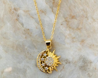 Sun and Moon Mystical Necklace/18K Gold Plated/Stainless Steel Chain/Sun Jewelry/Moon Jewelry/Celestial necklace/Gift for her/birthday gift