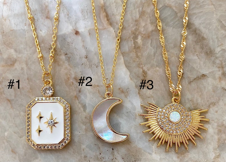 Celestial Dreamers Moon and Star Necklaces/Opal Moon Necklace/Opal Sunburst Necklace/Enamel Star with Crystals Necklace/18K Gold Plated image 2