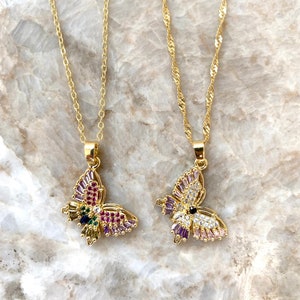 Pink and Purple multi colored crystal butterfly necklace/18k gold plated/Summer Jewelry/Everyday Jewelry