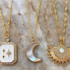 Celestial Dreamers Moon and Star Necklaces/Opal Moon Necklace/Opal Sunburst Necklace/Enamel Star with Crystals Necklace/18K Gold Plated image 1