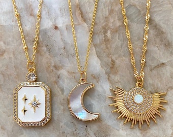 Celestial Dreamers Moon and Star Necklaces/Opal Moon Necklace/Opal Sunburst Necklace/Enamel Star  with Crystals Necklace/18K Gold Plated