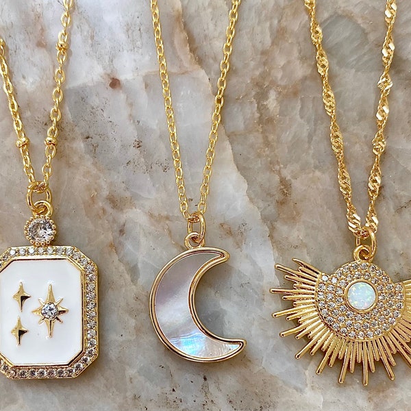 Celestial Dreamers Moon and Star Necklaces/Opal Moon Necklace/Opal Sunburst Necklace/Enamel Star  with Crystals Necklace/18K Gold Plated