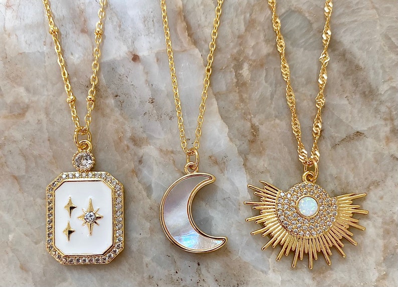 Celestial Dreamers Moon and Star Necklaces/Opal Moon Necklace/Opal Sunburst Necklace/Enamel Star with Crystals Necklace/18K Gold Plated image 1
