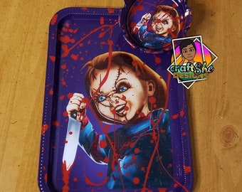 Child's Play Chucky Blood Splatter Rolling Tray Set | Smoker s Accessories | Ashtray and Stash Jar | 3pc Set