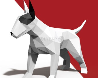 Arte de papel de perro Bull Terrier, escultura de papel poligonal baja 3D, plantilla digital, descarga de PDF, origami, arte de papel, regalo de bricolaje, decoración del hogar