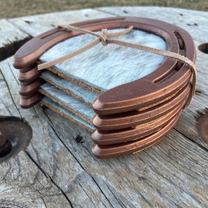 Coasters / bar / horseshoes / Cowhide / leather / horseshoe coasters / western / ranch / drink / wine / beer / bar items / cowboy