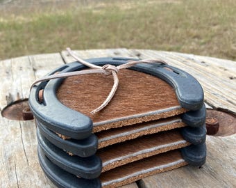 Horseshoe Coasters - Cowhide & Leather Western Bar Decor