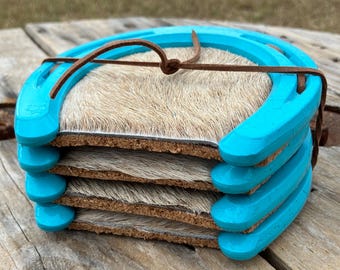 Turquoise Horseshoe Coasters: Cowhide Western Bar Decor