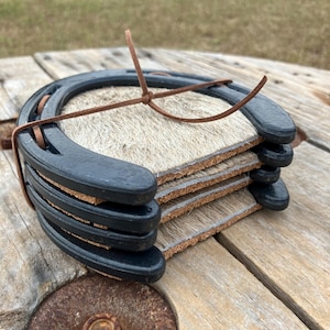 Horse / bar / coasters / horseshoes / Cowhide / leather / horseshoe coasters / western / ranch / drink / wine / beer / bar items / cowboy