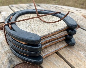 Horseshoe Coasters - Cowhide & Leather Western Bar Decor