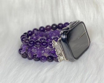 Natural Amethyst Stone Beads and Chip 8mm Beaded Apple / Galaxy Watch Band
