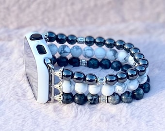 Anxious No More Beaded Apple Watch Band | 20mm Galaxy | Larvikite | Magnetic and Nonmagnetic Hematite | White Howlite | Semi Precious Stones