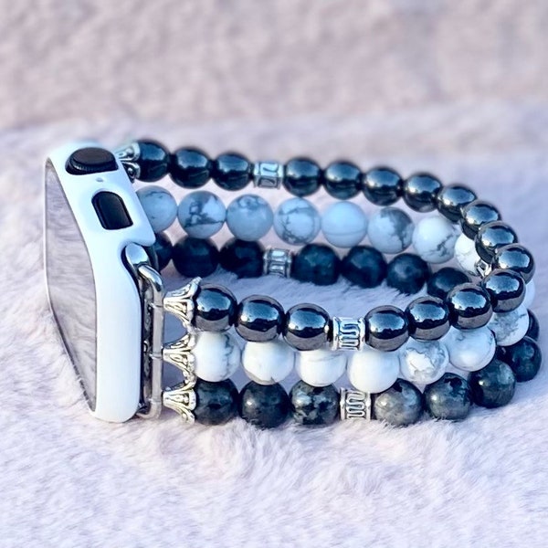 Anxious No More Beaded Apple Watch Band | 20mm Galaxy | Larvikite | Magnetic and Nonmagnetic Hematite | White Howlite | Semi Precious Stones