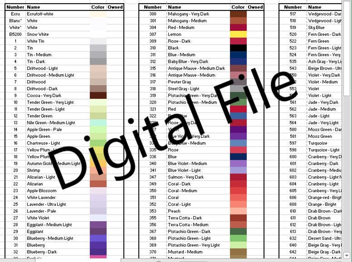 Printable DMC Color Chart for Cross Stitch and Embroidery Etsy