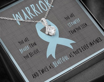 Hashimoto&#39;s Warrior Ribbon Necklace Gift | Light Blue Ribbon Awareness Jewelry | Gift for Support | Survivor | Fighter | Spoonie Gift Shop