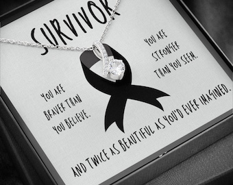 Melanoma Cancer Survivor Necklace | Black Ribbon Awareness Jewelry | Pendant Necklace Gift | Warrior | Cancer Support for Friend