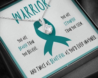 Ovarian Cancer Warrior Necklace | Awareness Ribbon Jewelry | Gift for Support | Survivor | Fighter | Cancer Support | Teal Ribbon Awareness