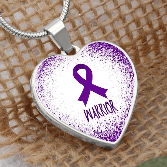Purple Awareness Ribbon Necklace Gift, Heart Pendant Necklace, Snake Chain, Silver Tone, Gold Tone