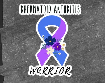 May include: A blue and purple ribbon with flowers, the words "Rheumatoid Arthritis Warrior" are written on the sticker.