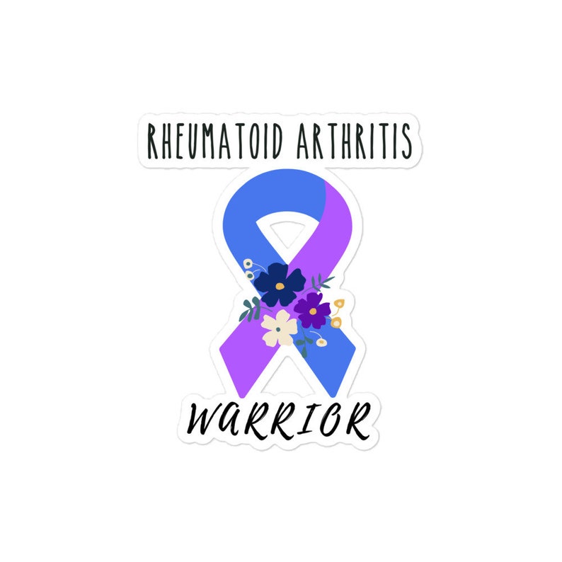 May include: A blue and purple ribbon with flowers, representing rheumatoid arthritis, with the text "Rheumatoid Arthritis Warrior" on a white background.