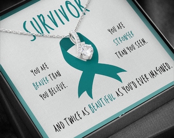 Ovarian Cancer Survivor Necklace Gift | Teal Ribbon Awareness Jewelry | Spoonie Support | Cancer Awareness Necklace