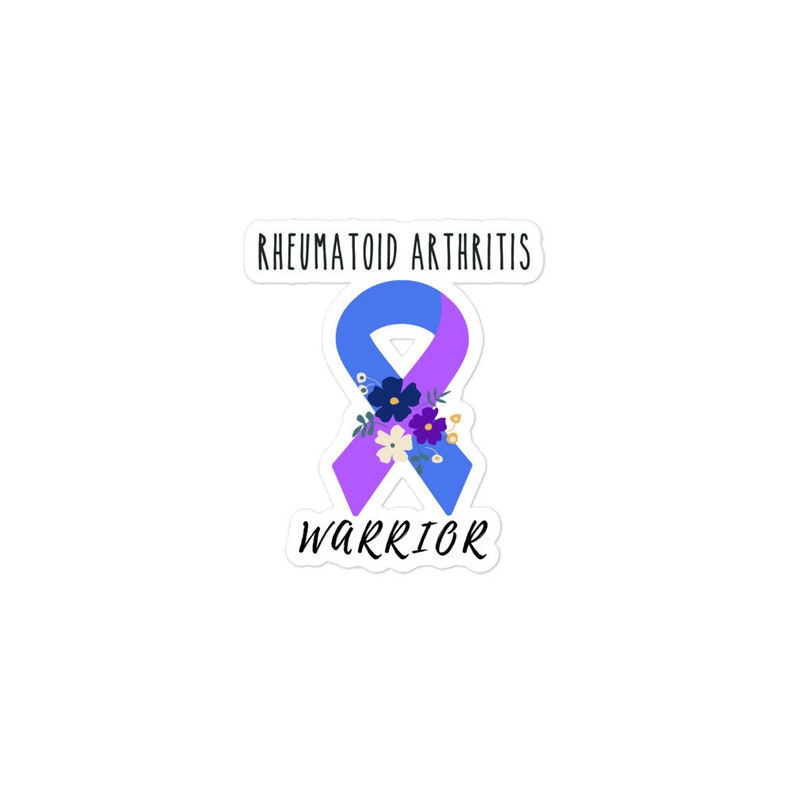 May include: A blue and purple ribbon with flowers, representing rheumatoid arthritis, with the text "Rheumatoid Arthritis Warrior" on a white background.