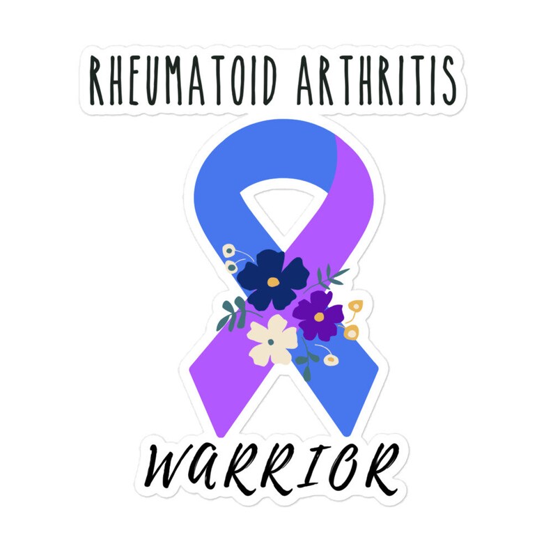 May include: A blue and purple ribbon with flowers, representing rheumatoid arthritis, with the text "Rheumatoid Arthritis Warrior" below.