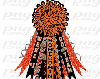 May include: Orange and black homecoming mum with the words "We're #1" and "Go Team" on the ribbons. The mum has a large orange and black pom-pom on top and is decorated with silver glitter and footballs.