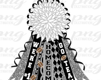 May include: A silver and black homecoming mum with a white flower, black and white checkered ribbon, and the text "We're #1 Homecoming Go Team".