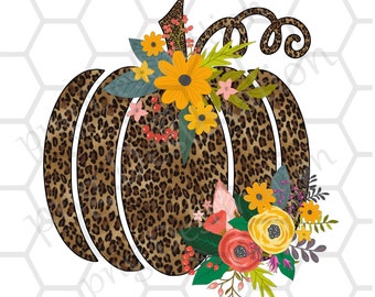 Leopard Pumpkin with Floral embellishment, Thanksgiving Fall Design, PNG INSTANT DOWNLOAD, Leopard Pumpkin Flower Sublimation