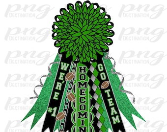 May include: Green, black, and silver homecoming mum with the words "We're #1" and "Go Team" on the ribbons. The mum has a large green pom-pom on top and a chain of footballs hanging down the center.