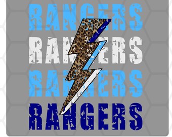 Rangers Leopard Lightning Bolt Blue // School Spirit // Rangers Mascot // PNG INSTANT DOWNLOAD // Sublimation