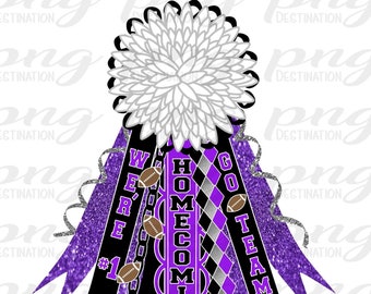 May include: Purple, black, and silver homecoming mum with a white flower, footballs, and the text "We're #1 Homecoming Go Team".