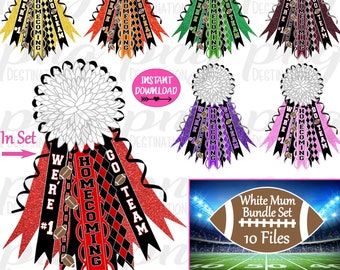 May include: A set of 10 printable football homecoming mum designs. The mums are decorated with black, white, and red glitter, and feature the words "We're #1", "Homecoming", and "Go Team".