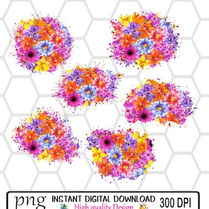 May include: Six digital images of colorful flower arrangements with a white background. The flowers are in a variety of colors, including pink, purple, orange, yellow, and blue. The flowers are arranged in a circular shape and have a watercolor effect.