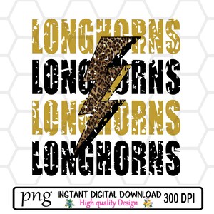 Longhorns Distressed / Leopard Lightning Bolt Black Gold / School Spirit / Longhorns Mascot / PNG INSTANT DOWNLOAD / Sublimation