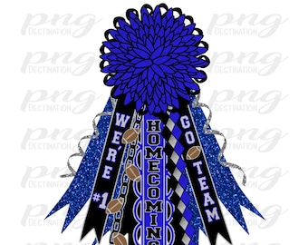 May include: Blue and black homecoming mum with a large blue flower, silver glitter, and the text "We're #1 Homecoming Go Team".