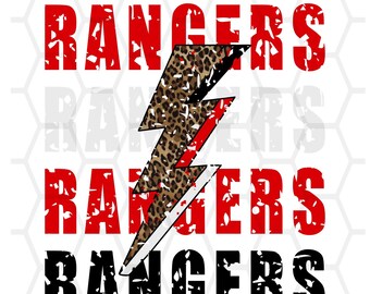 Rangers Leopard Lightning Bolt Red Black White // School Spirit // Rangers Mascot // PNG INSTANT DOWNLOAD // Sublimation
