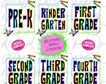 Pre K thru Fourth // Grade School Bundle Pack//Back To School// Crayon Design //DTF Design // Sublimation // *PNG Instant Download
