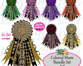 May include: A set of 10 digital files featuring colorful mum designs with a football theme. The mums are decorated with black, gold, and white ribbons, and the text "We're #1 Homecoming Go Team".
