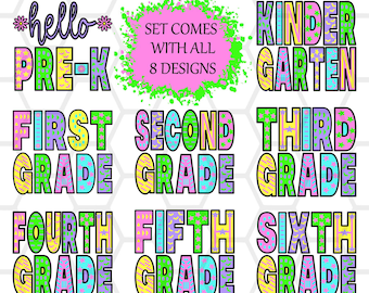 Grade School Bundle Pack//Back To School//Pink Purple Lt Blue//Stacked Design//School Grade//DTF Design // Sublimation *PNG Instant Download